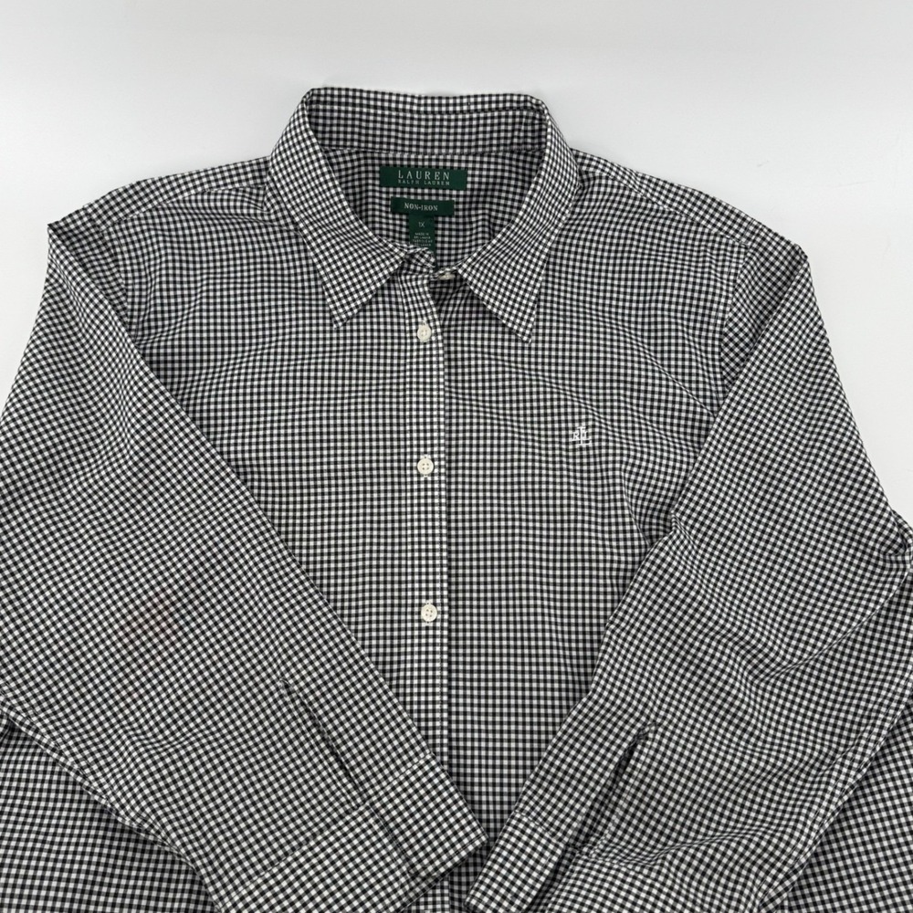 Lauren Ralph Lauren ECU Women Black White Gingham Check Button Down Blouse 1x - Picture 3 of 10